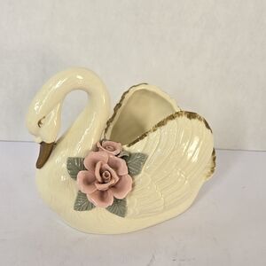 Vintage Ceramic Swan With Pink Roses  9"L. Planter, Kitchen Or Bookcase Decor.